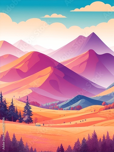 Beautiful highland landscape. Spring meadow. AI generated illustration