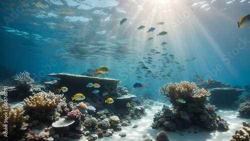 Sunlit Serenity: Coral Reef Fish in Underwater Scene with Transparent Waters © alexx_60