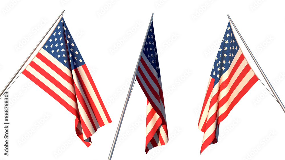American flag on a flagpole. Flag on a transparent background. 3D render