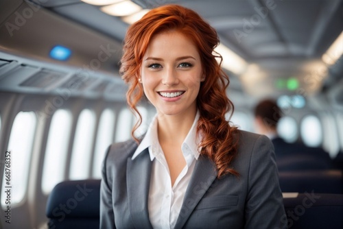 Cheerful Flight Attendant with Red Hair Against Airplane Background