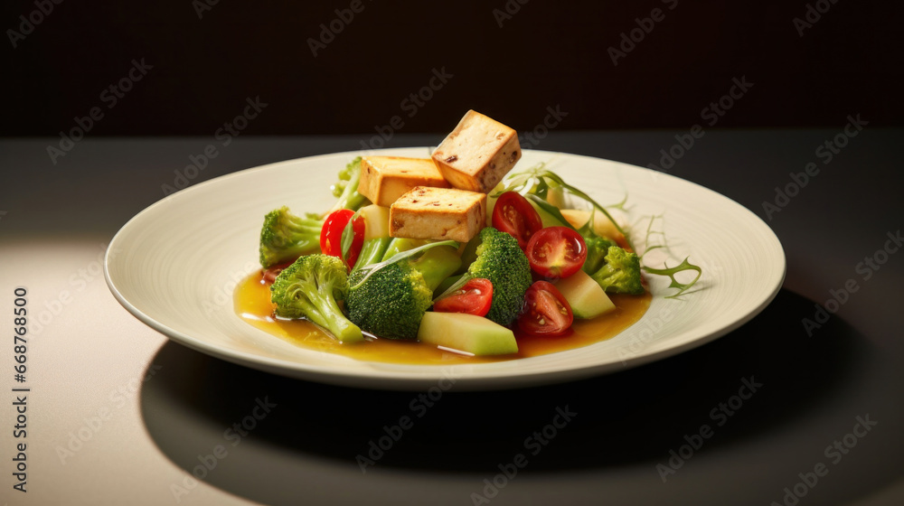 A vegan tofu salad with vegetables on white plate. A vegan tofu salad with vegetables on white plate.