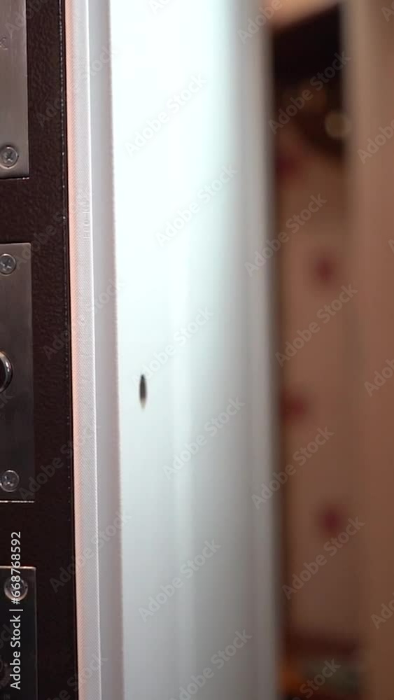 a master installs doors to an apartment in a house, a drill tool close-up drills a wall a master installs doors to an apartment in a house, a drill tool close-up drills a wall