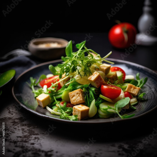 A vegan tofu salad with vegetables on white plate.