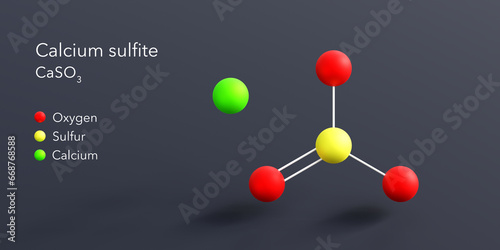 calcium sulfite molecule 3d rendering, flat molecular structure with chemical formula and atoms color coding photo