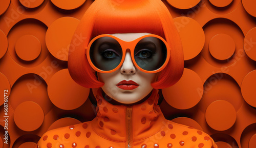 Attractive orange woman with sunglasses against an orange background.