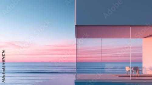 A futuristic house at sunset with glass windows overlooking the ocean.