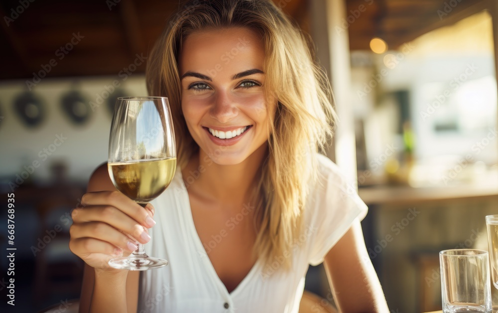 A smiling young woman drinking a glass of white wine A smiling young woman drinking a glass of white wine