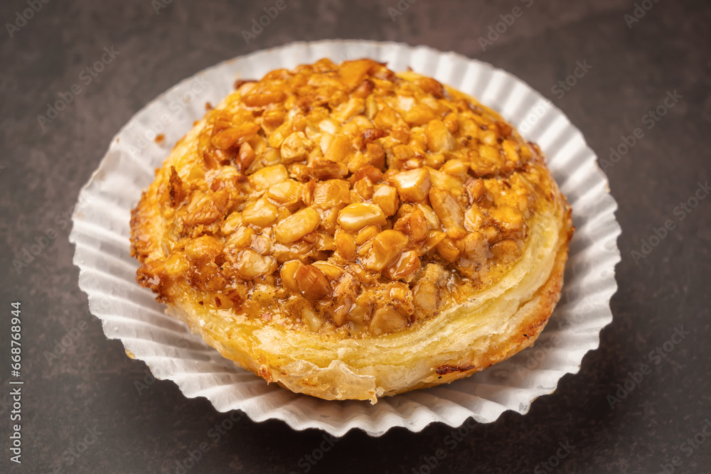 Traditional Portuguese almond tart with caramel. Traditional Portuguese almond tart with caramel.