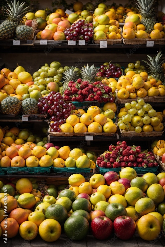 Stall with Various Varieties of Fresh Fruits in the Store Stall with Various Varieties of Fresh Fruits in the Store