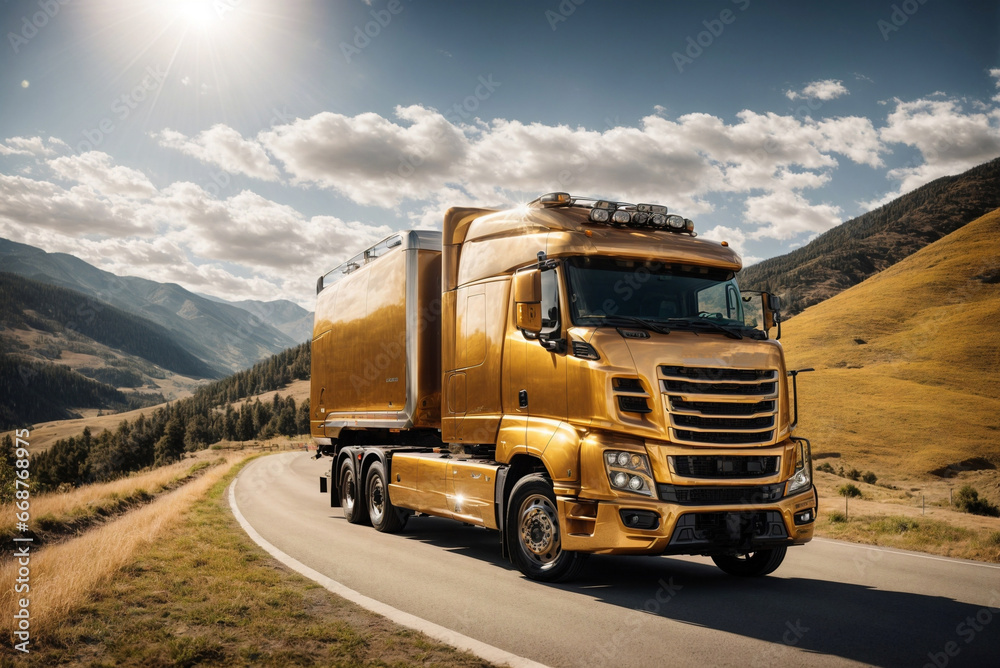 Golden Truck on a Mountain Road on a Sunny Day