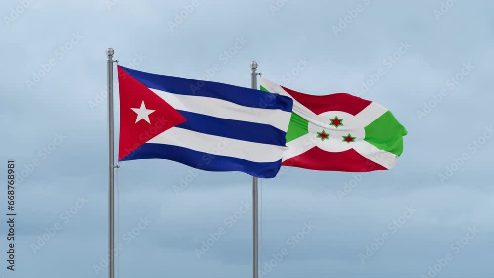 Burundi flag and Cuba flag waving together on cloudy sky, endless seamless loop, two country relations concept Burundi flag and Cuba flag waving together on cloudy sky, endless seamless loop, two country relations concept