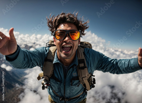 Happy man skydiving in free fall over mountains