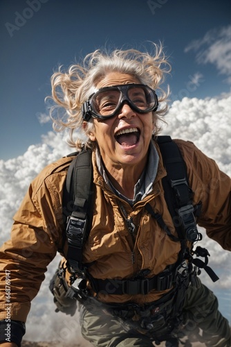 Happy elderly woman skydiving in free fall over mountains