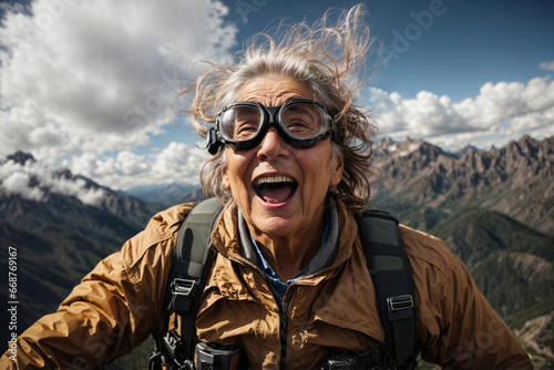 Happy elderly woman skydiving in free fall over mountains