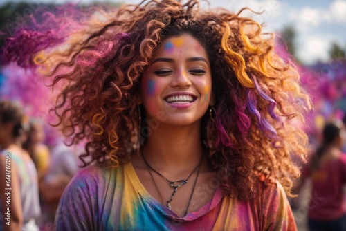 A happy young woman with beautiful curly hair at a color festival.