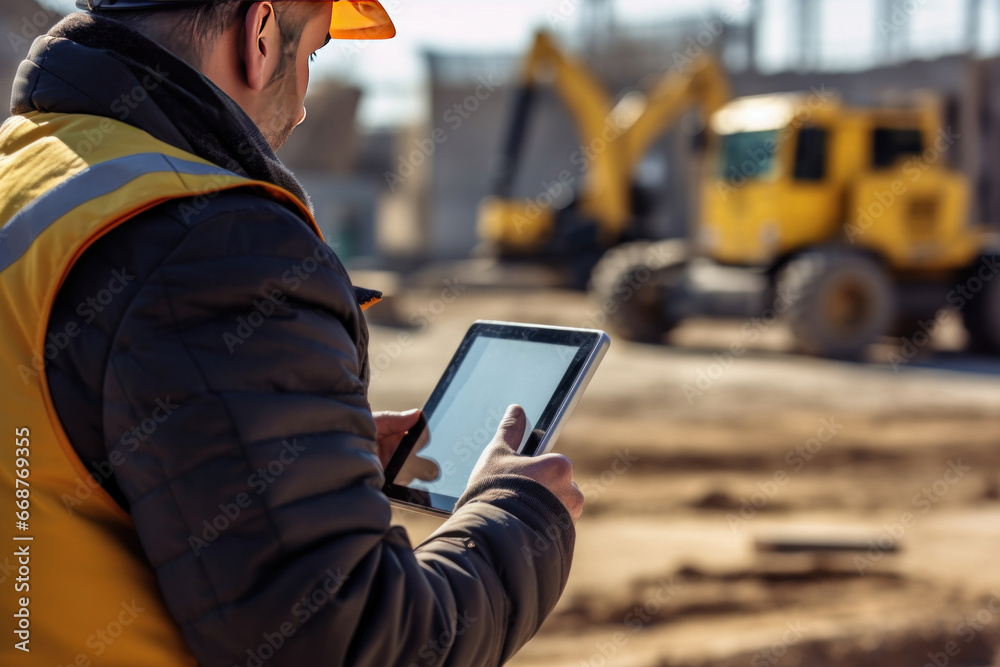 Obraz premium An engineer using a digital tablet on a construction site.