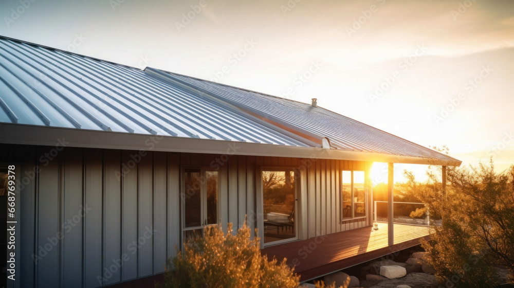Corrugated metal roof installed in a modern house. Metal sheet roof. - obrazy, fototapety, plakaty 