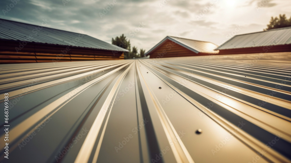 Corrugated metal roof installed in a modern house. Metal sheet roof. Corrugated metal roof installed in a modern house. Metal sheet roof.