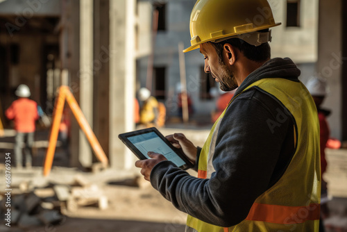 An engineer using a digital tablet on a construction site.