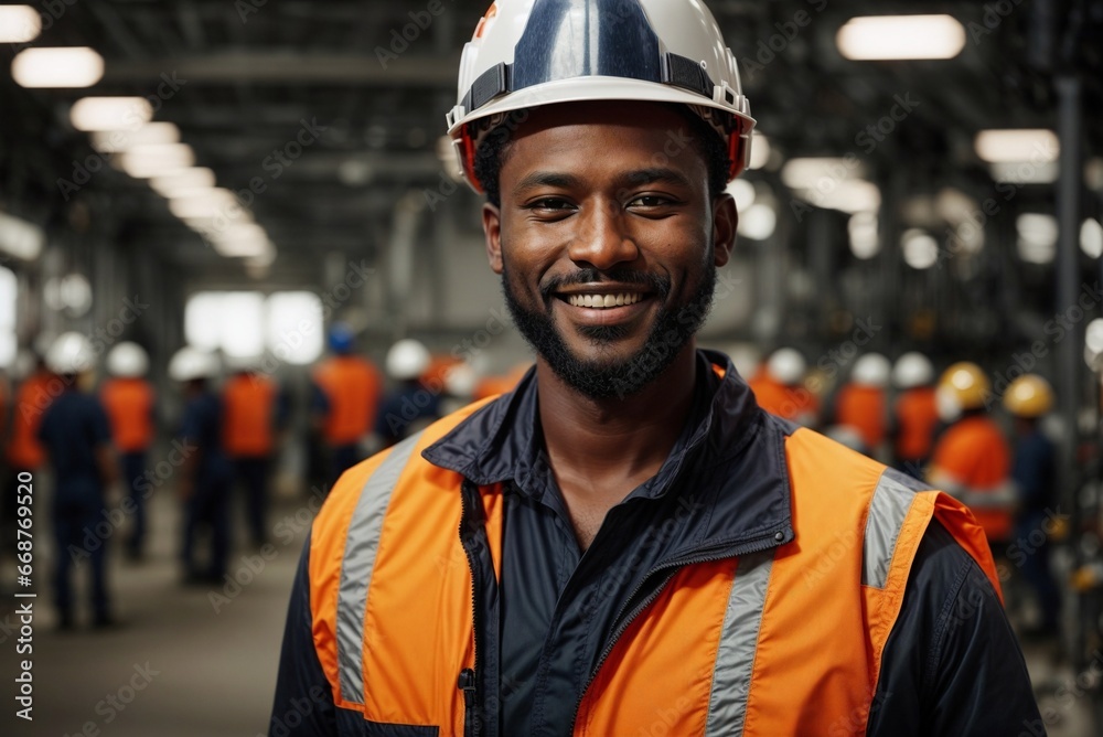 Smiling Afro-American Man with Safety Helmet in the Workshop