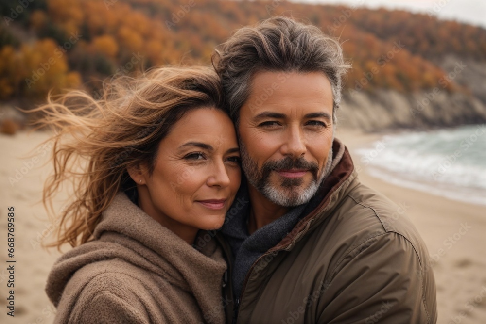 Fototapeta premium Joyful Couple on Ocean Coast in Autumn Vibes. Happy Midlife Couple Embracing on the Ocean Shore in Autumn Attire.