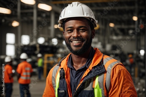 Smiling Afro-American Man with Safety Helmet in the Workshop. Happy Afro-American Man in Protective Workwear at the Factory, Portrait. © alexx_60