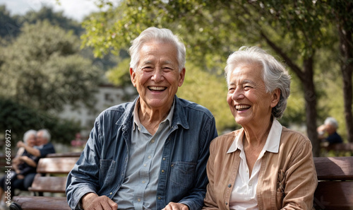 Happy elderly couple sitting on a bench in the park and laughing photo