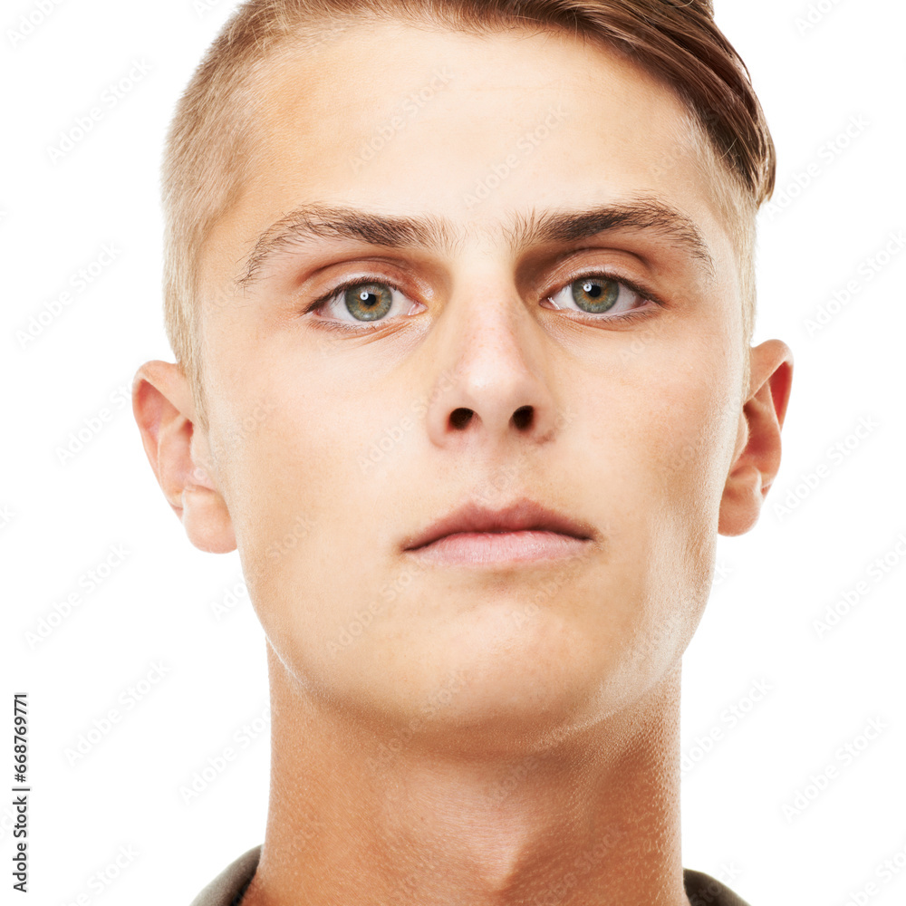 Fototapeta premium Serious, portrait or closeup of man with confidence in studio with confidence, pride or healthy skin. Male model, ready or face of young male person with attitude alone in Germany on white background