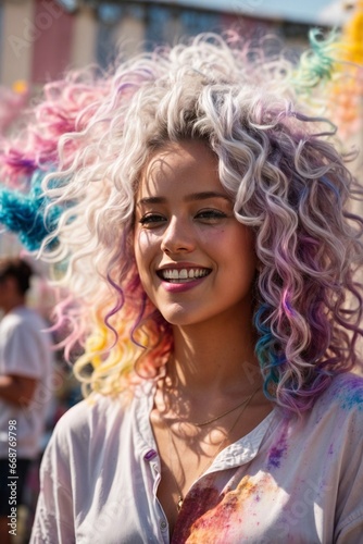 Happy young woman with white hair at a color festival