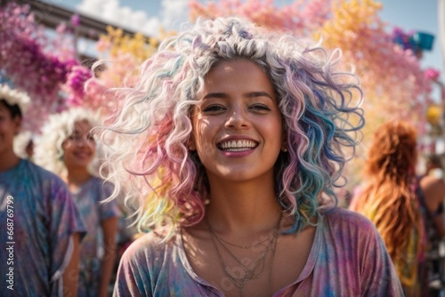 Happy young woman with white hair at a color festival