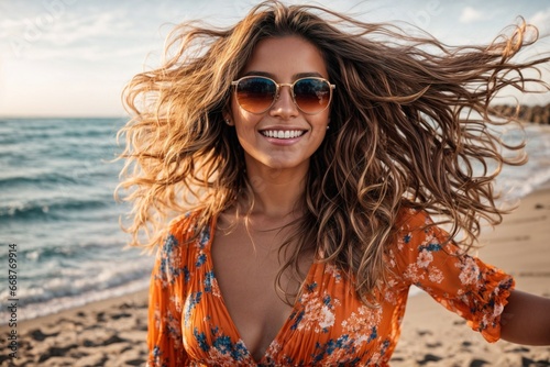 Happy and Beautiful: Young Woman in Orange Dress and Sunglasses on the Beach.