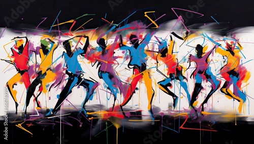 Vibrant abstract painting of dancing people on a black background. Abstract background and wallpaper.