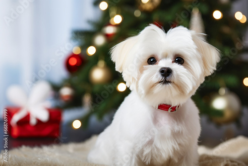 Sweet white dog ​​against the background of a Christmas tree copy space