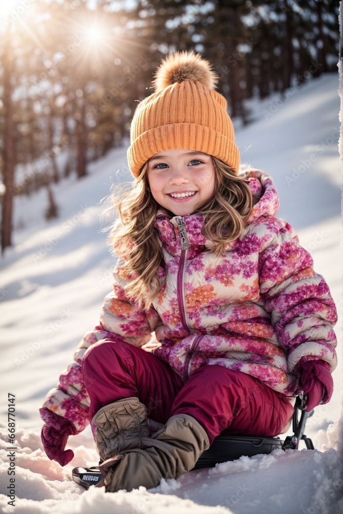 Happy girl riding a sled on a sunny winter day