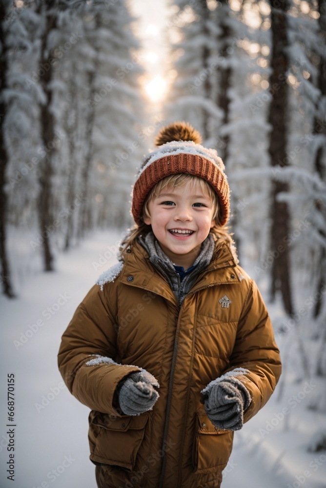 Little boy running on a winter path on a sunny day Little boy running on a winter path on a sunny day