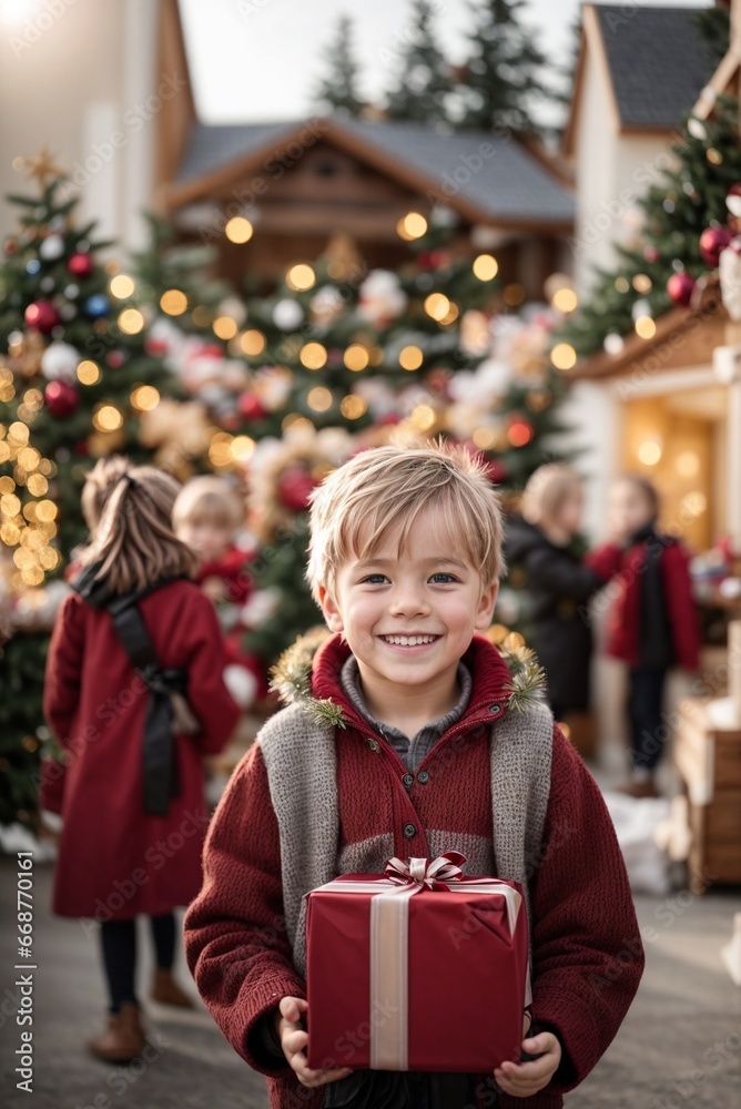 Happy Little Boy with Light Hair, Portrait Against a Christmas Sale Background