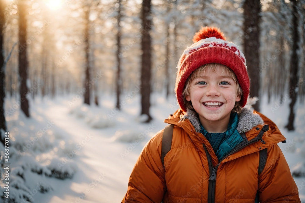Little boy running on a winter path on a sunny day Little boy running on a winter path on a sunny day