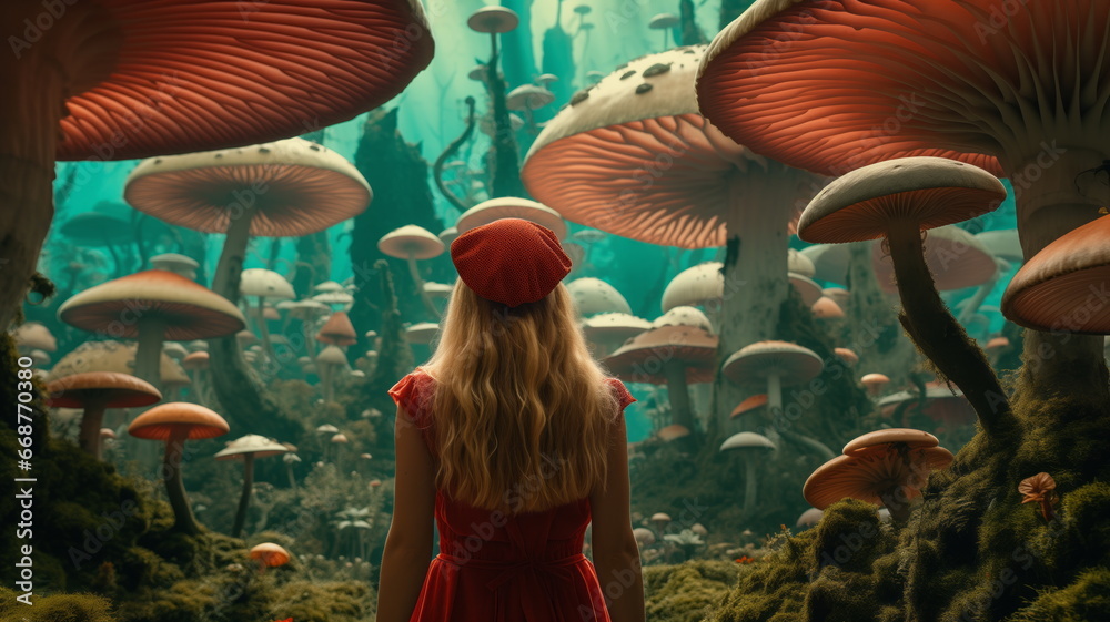 Alice in Wonderland, a fabulous forest of big mushrooms, a girl in a fairy tale. Mushrooms trees toadstools fly agarics - obrazy, fototapety, plakaty 