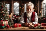 Laughing man with a gray beard preparing Christmas gifts