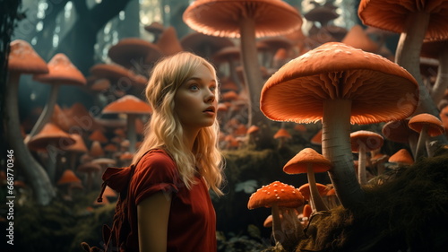 Alice in Wonderland, a fabulous forest of big mushrooms, a girl in a fairy tale. Mushrooms trees toadstools fly agarics