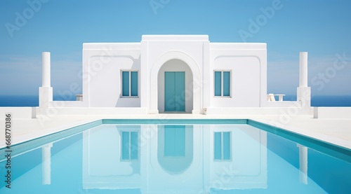Luxury villa resort, blue swimming pool and sea, summer sky holiday, vacation travel, view water pool, beautiful nature, relax modern, background ocean, house architecture, white color, outdoor © Mars0hod