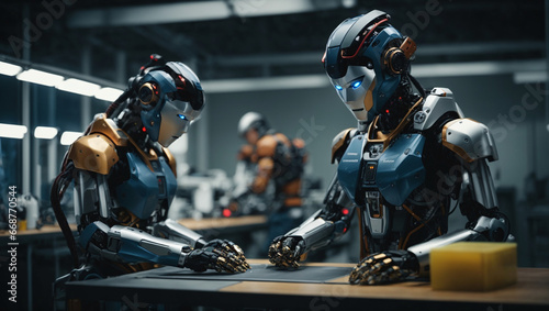 A cutting-edge robotics lab with advanced humanoid robots engaged in complex tasks.