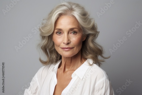 Elderly woman in white blouse on white background, curly hair. Beauty portrait happy old woman © Mars0hod