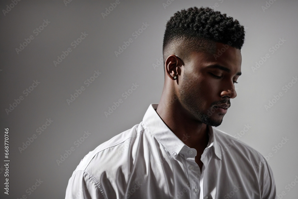 Obraz premium Confidence and Style: Portrait of a Stylish Afro-American Guy with Short Hair in a White Shirt