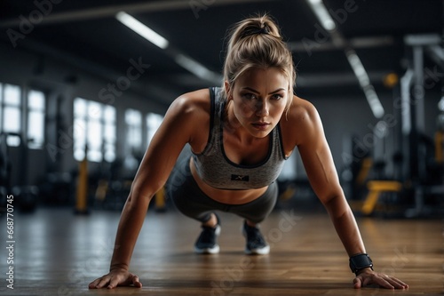 Young athletic woman doing push-ups in the gym