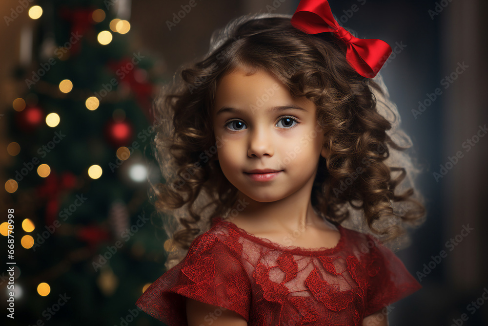 Generative AI image of cheerful cute adorable child celebrating New Year and Christmas on a blurred background of a bright garland Generative AI image of cheerful cute adorable child celebrating New Year and Christmas on a blurred background of a bright garland