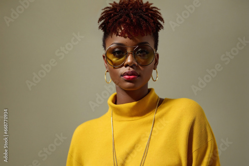 Stylish young Afro-American woman in a yellow sweater and round sunglasses