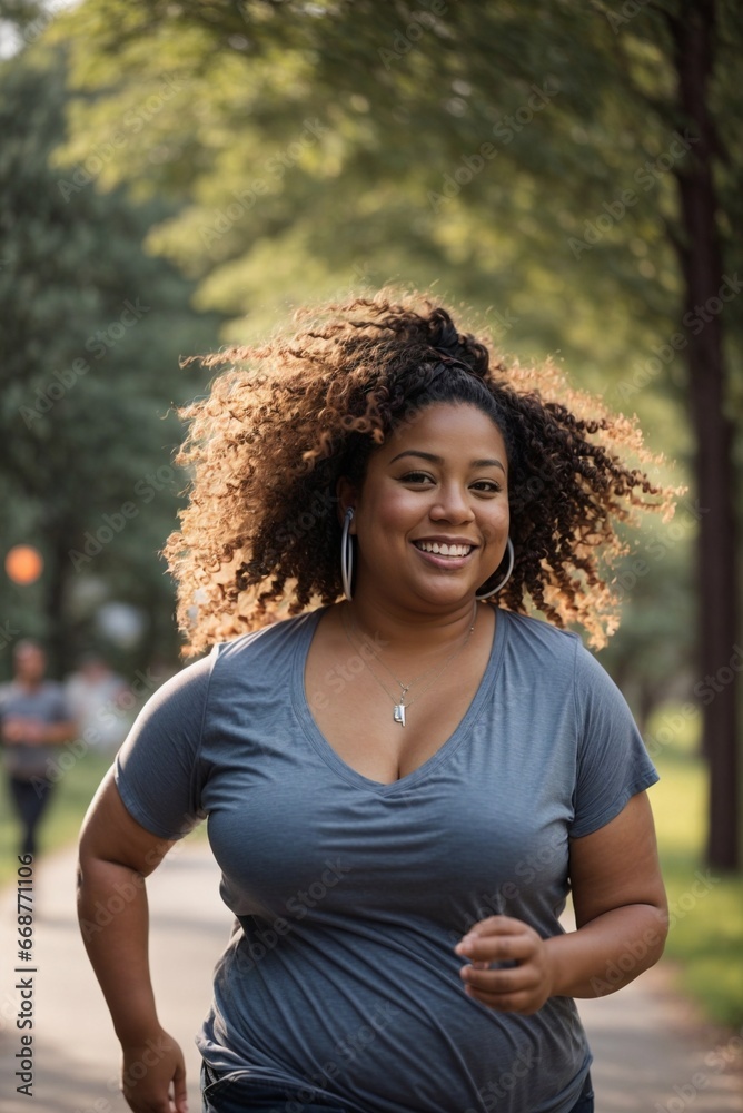 Happy Afro-American plus-size woman jogging in the park on a sunny day Happy Afro-American plus-size woman jogging in the park on a sunny day