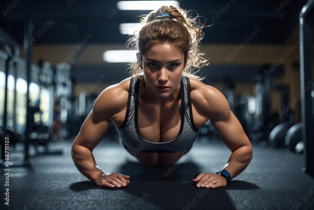 Young athletic woman doing push-ups in the gym