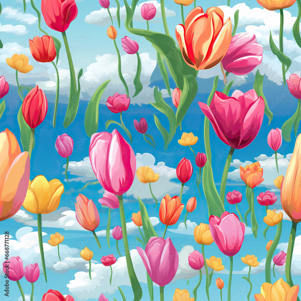 Dutch Delight: A Vibrant Dance of Tulips,pattern with tulips,Seamless Pattern Images